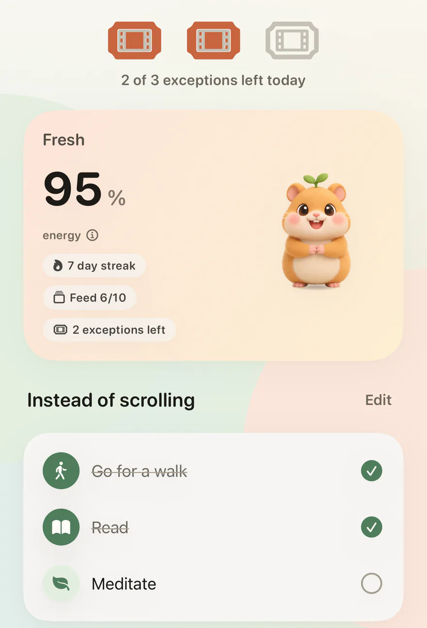 Feedbye: 2 of 3 exceptions left, energy card and habits like walking and reading instead of scrolling