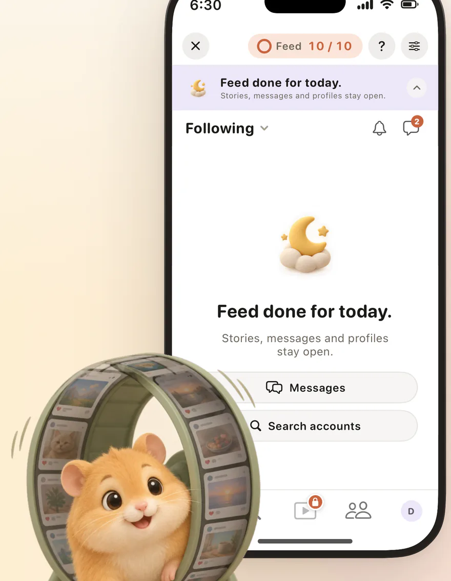 Feedbye on iPhone: “Feed done for today”, stories, messages and profiles stay open