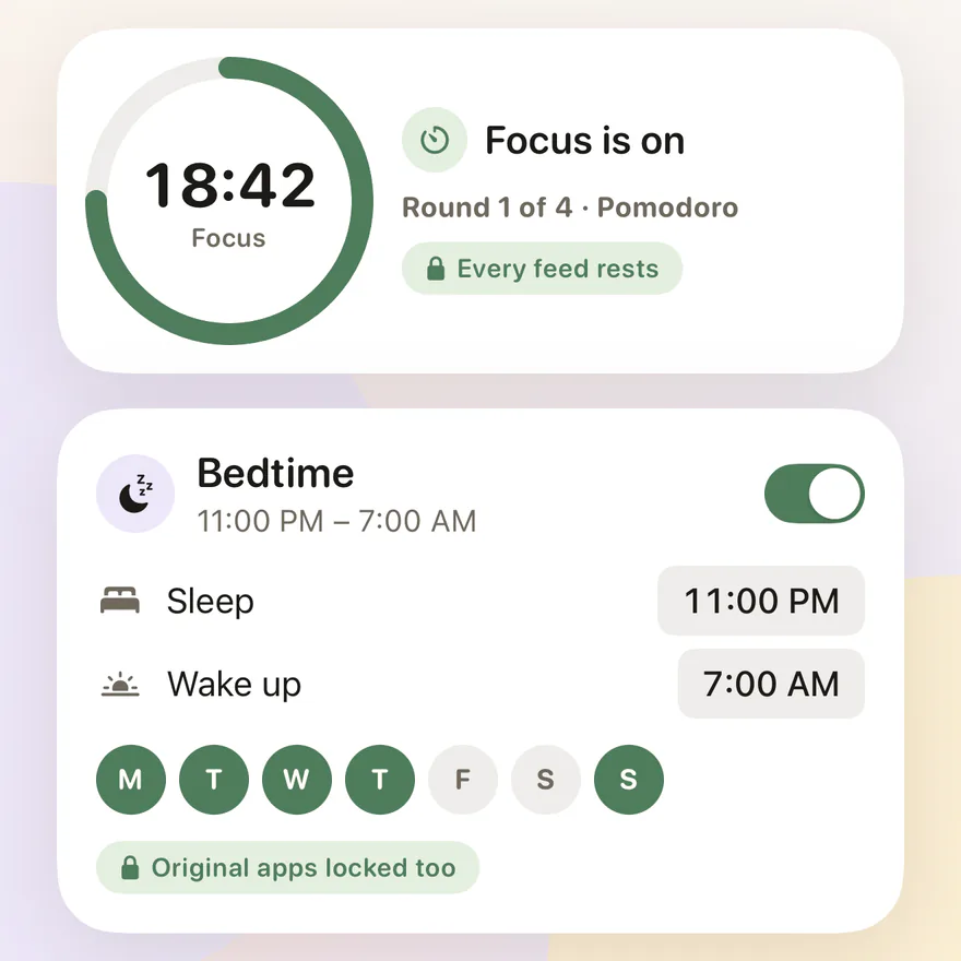 Feedbye: focus timer running, bedtime from 11 PM to 7 AM, every feed rests and the original apps are blocked