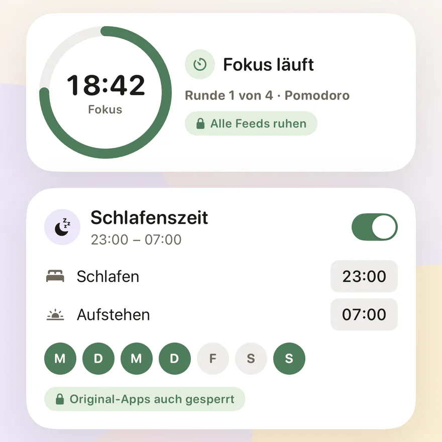 Feedbye: Fokus-Timer läuft, Schlafenszeit von 23 bis 7 Uhr, alle Feeds ruhen und die Original-Apps sind gesperrt