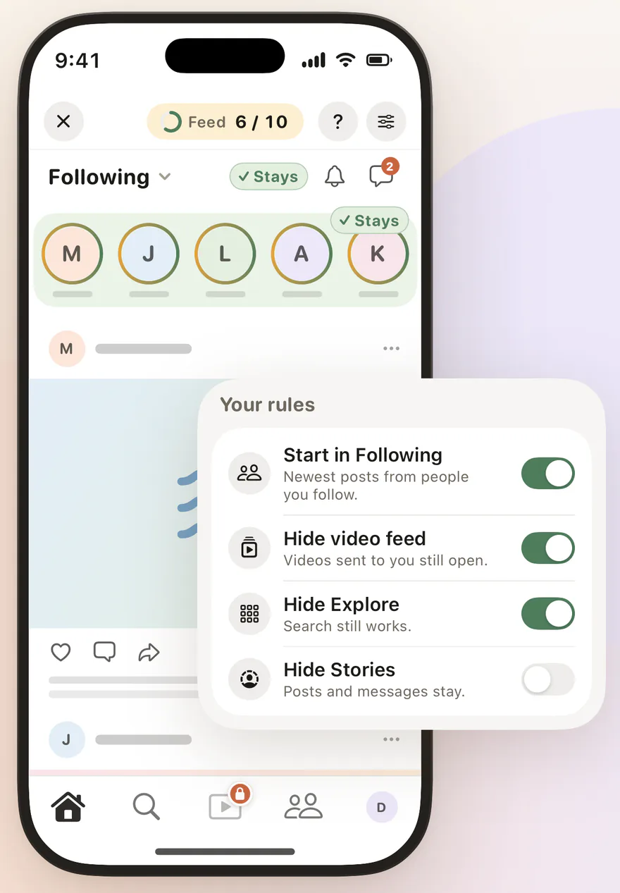 Feedbye rules: start on Following, video feed and Explore hidden