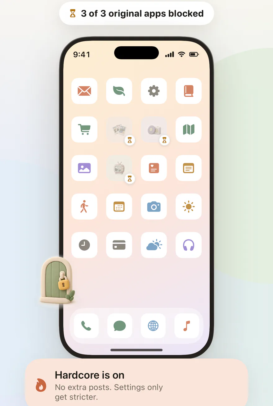 Home Screen with original apps blocked by Feedbye using Screen Time