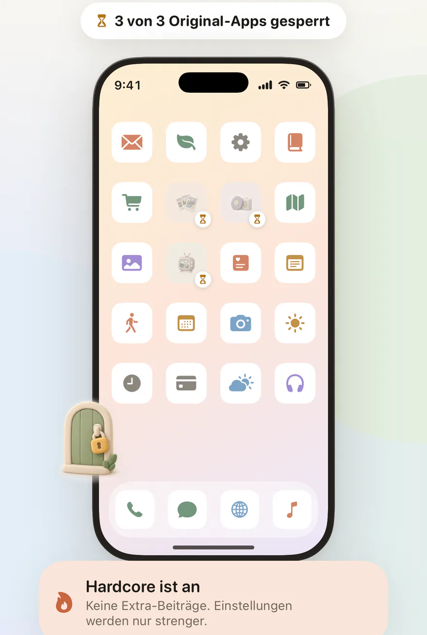 Home-Bildschirm mit Original-Apps, die Feedbye mit der Bildschirmzeit gesperrt hat