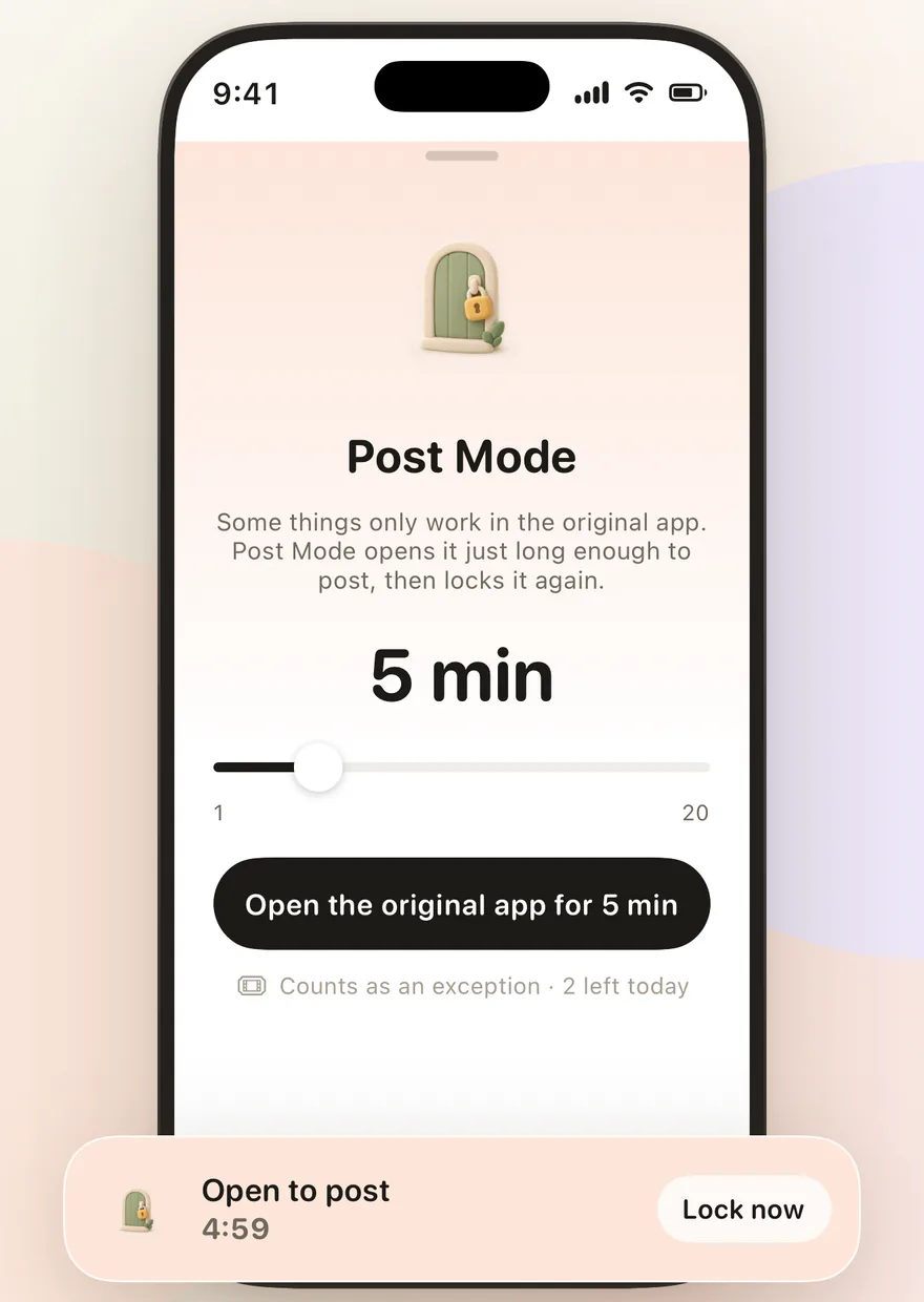 Feedbye Post Mode: open the original app for 5 minutes, then it locks again