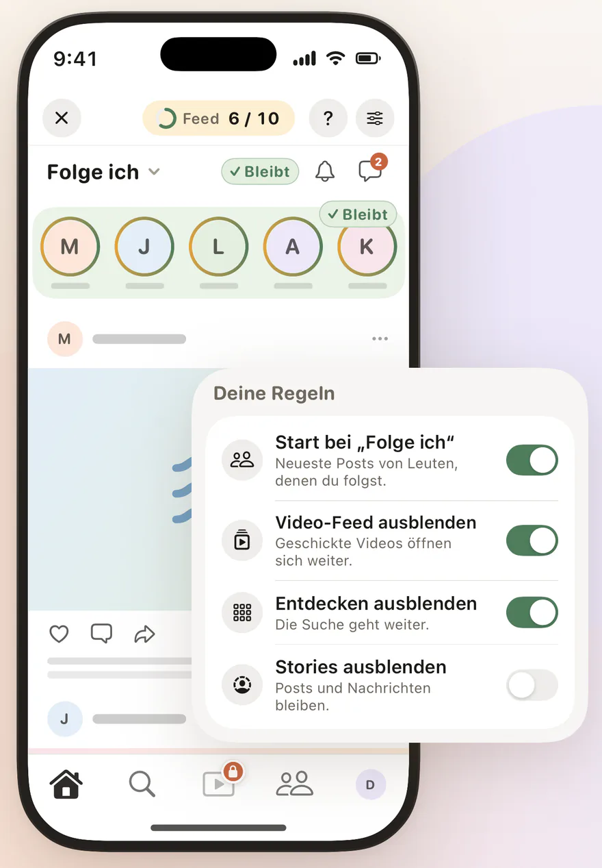 Feedbye-Regeln: Start bei „Folge ich“, Video-Feed und Entdecken ausgeblendet