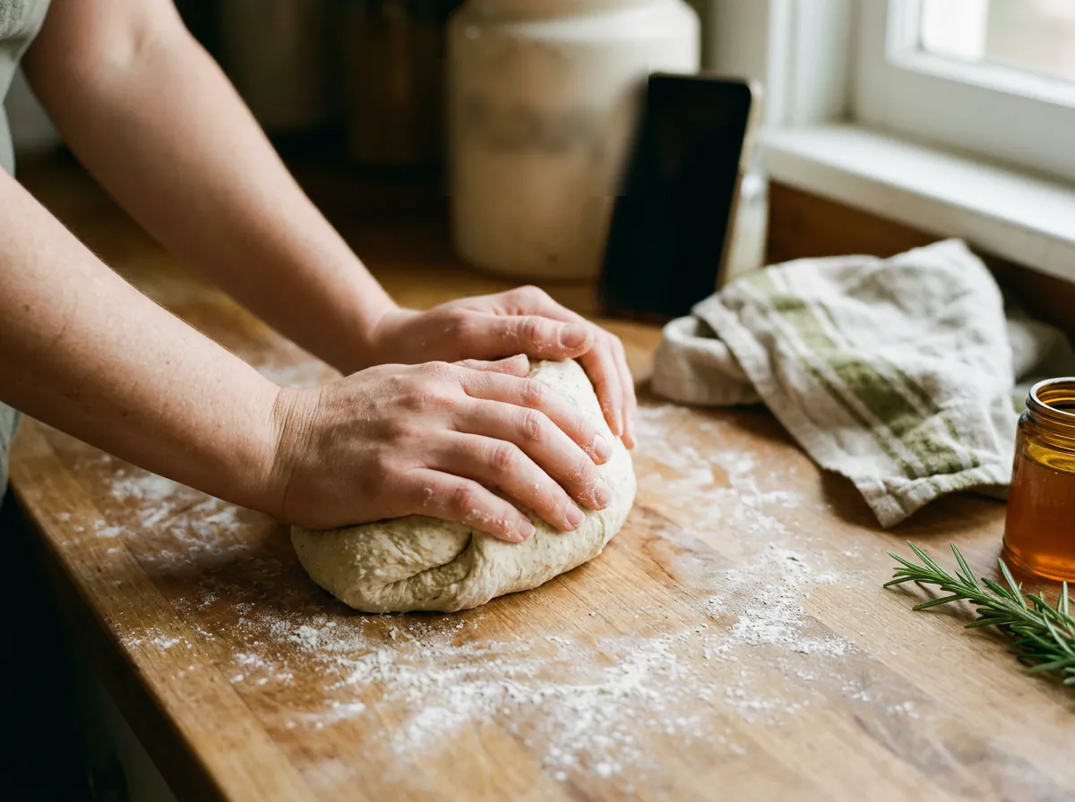 Hands kneading bread dough on a floured counter, a phone with the recipe video leaning in the background