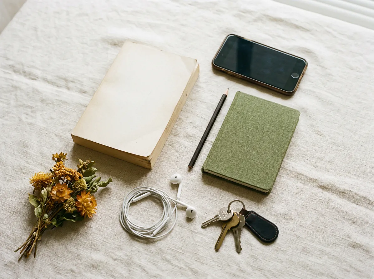 Flatlay auf Leinen: Taschenbuch, grünes Notizbuch mit Bleistift, Kopfhörer, Schlüssel, Trockenblumen und ein Handy