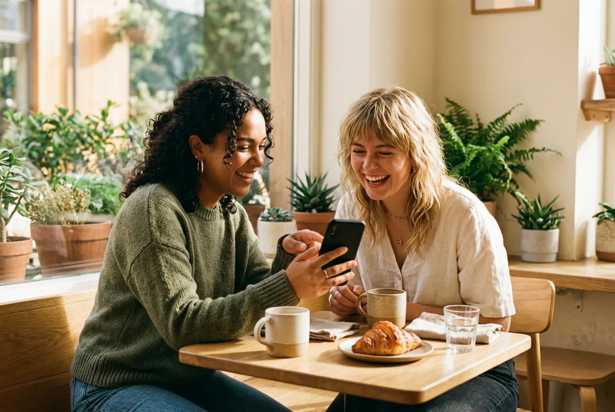 Two friends at a café table laughing at a photo on a phone