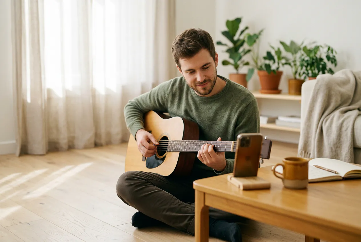 Young man sitting on a living room floor, learning guitar from a video tutorial on his phone