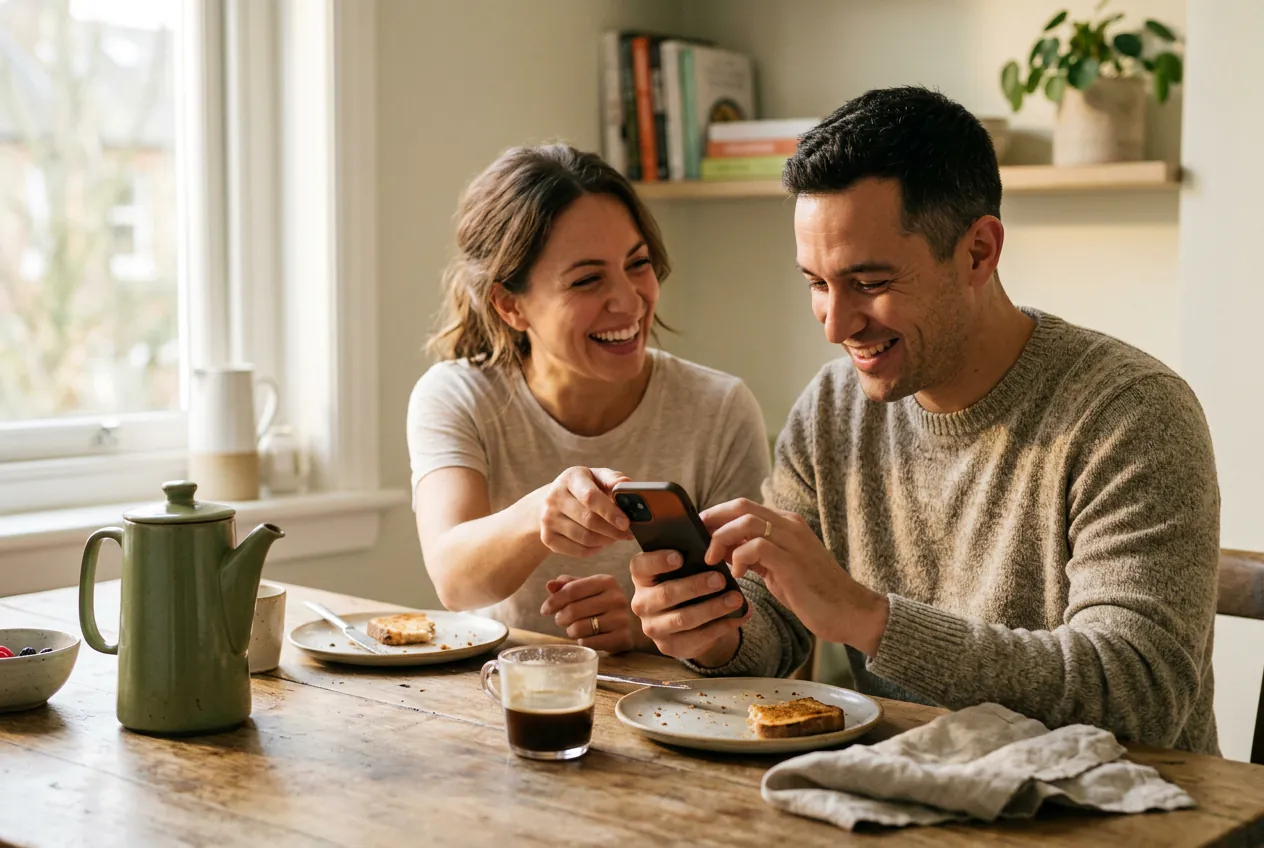 Couple at the breakfast table: she taps a Screen Time passcode into his phone and both laugh