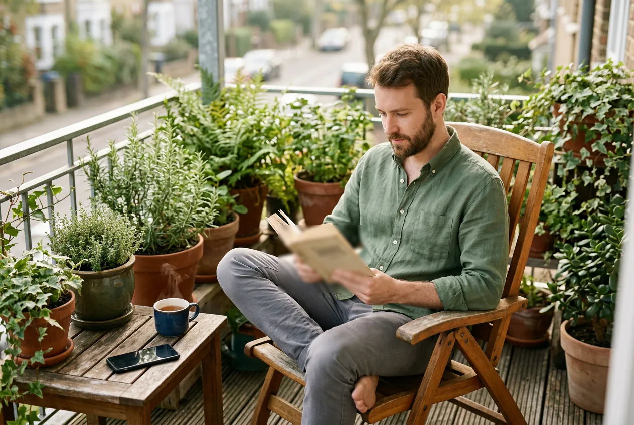 Man reading a book on a balcony full of plants, his phone lying next to a cup of tea