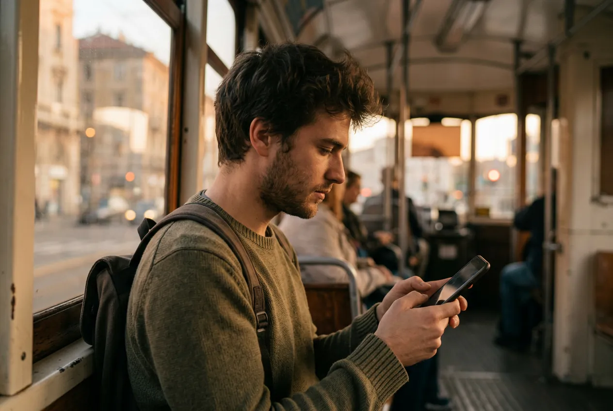 Young man scrolling on his phone on a tram while the city passes by in evening light