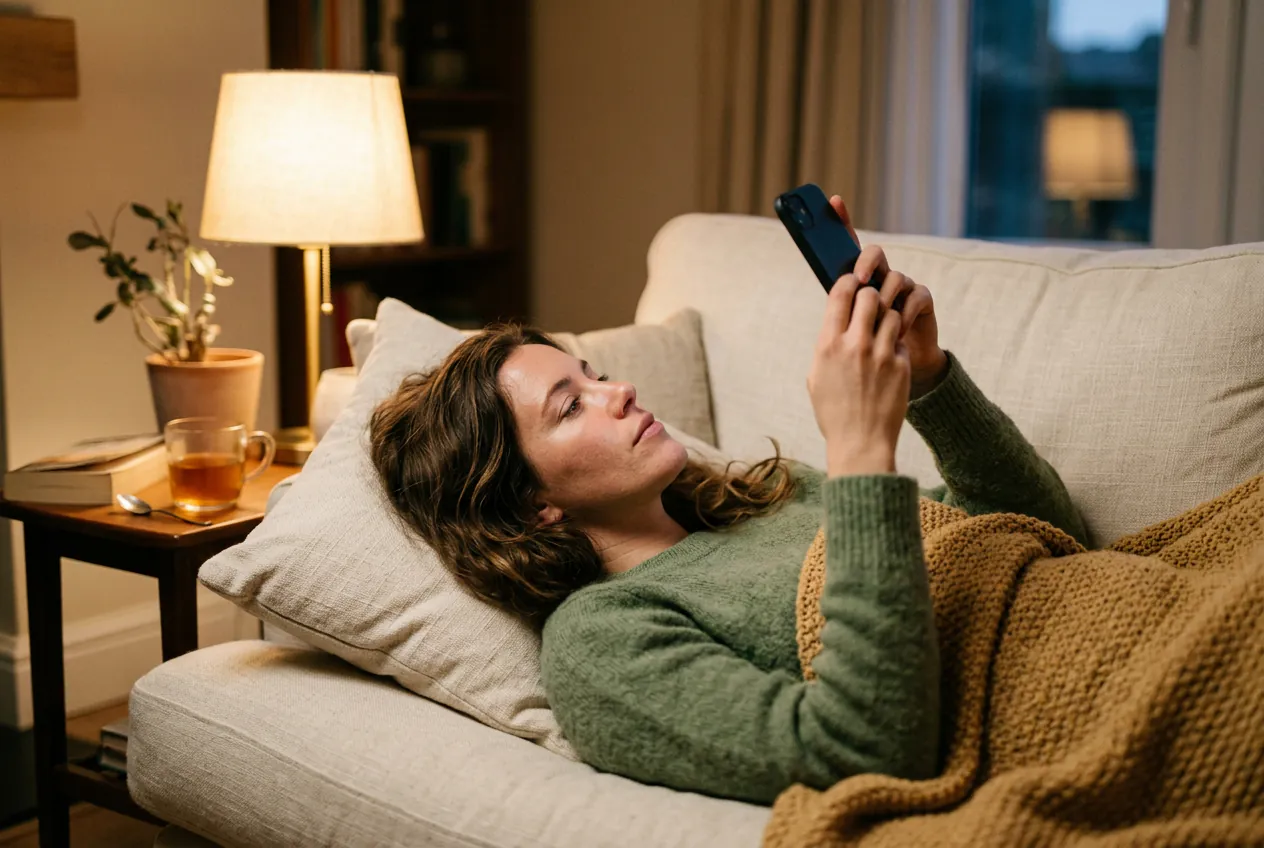 Woman lying on a sofa under a blanket in the evening, swiping through Reels on her phone