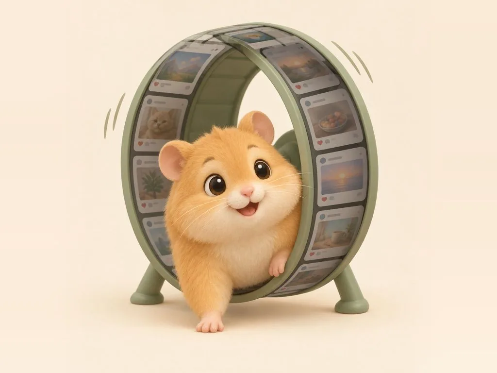 Happy hamster stepping out of a hamster wheel made of feed posts