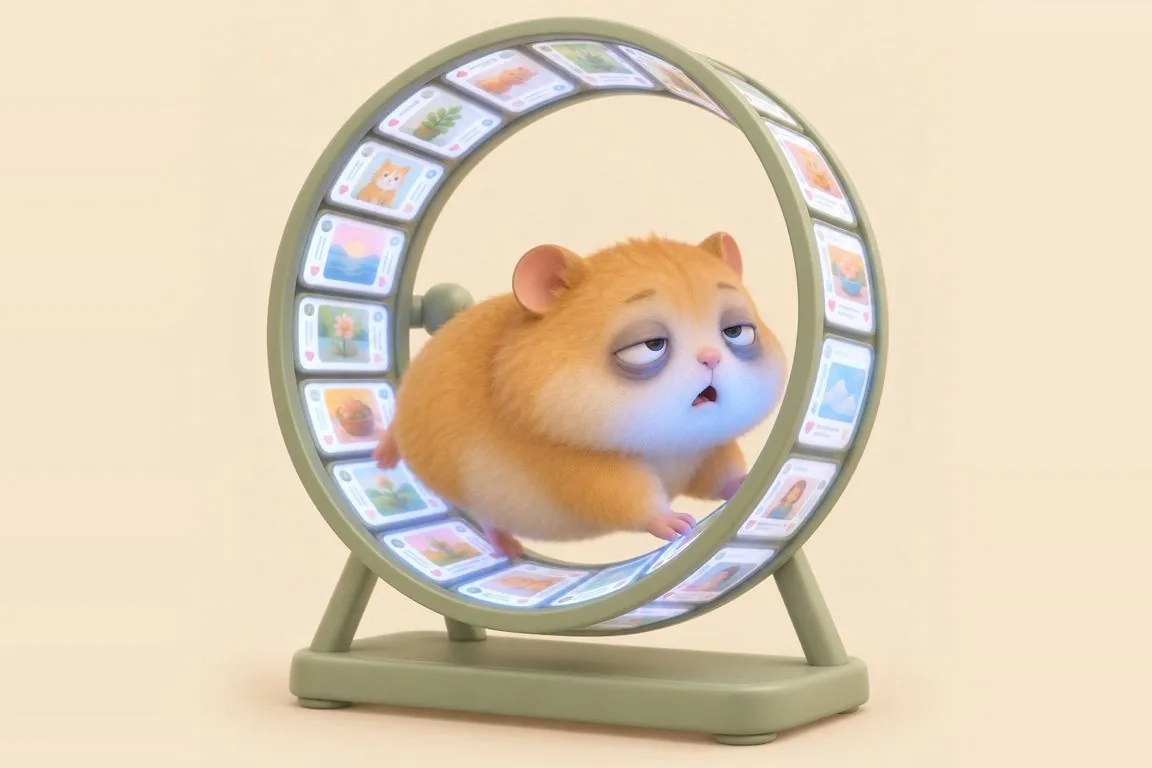 Tired hamster running in a hamster wheel made of glowing feed posts